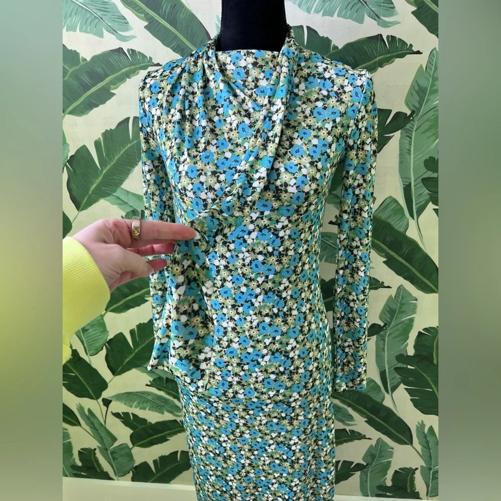 Zara‎ green blue floral long-sleeve midi dress high neck Kentucky Derby Medium